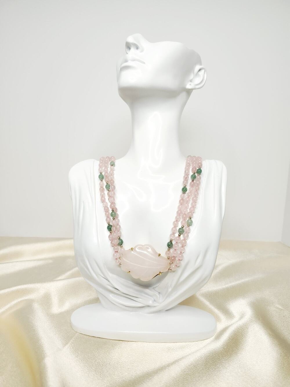 Vintage Rose Quartz Aventurine Bead Multi Strand Leaf Pendant Necklace 32 Inch